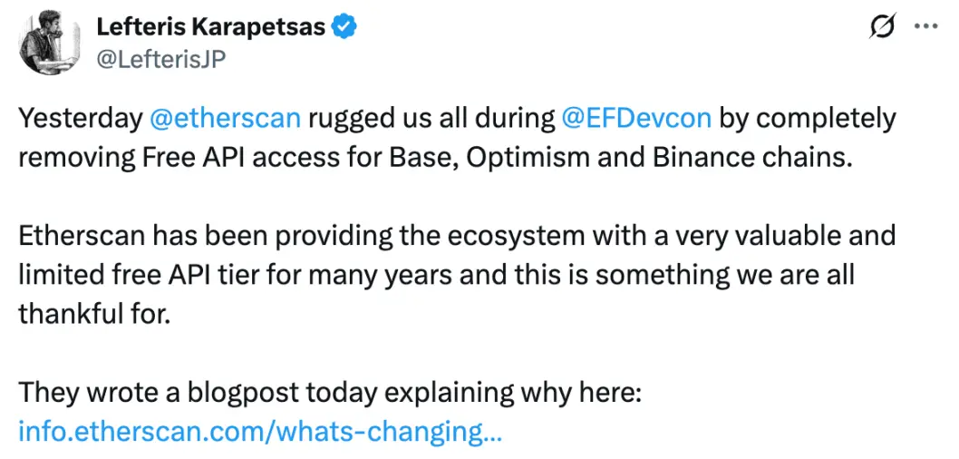 Etherscan 的突袭式收费,意外暴露出以太坊生态的数据依赖矛盾缩略图 Etherscan 的突袭式收费,意外暴露出以太坊生态的数据依赖矛盾缩略图