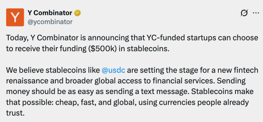 孵化出Coinbase14年后，YC终于决定用USDC发投资款了缩略图